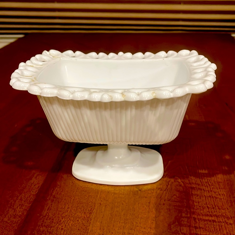 Vintage Indiana White Milk Glass Pedestal Open Lace Rim Ribbed Candy Dish